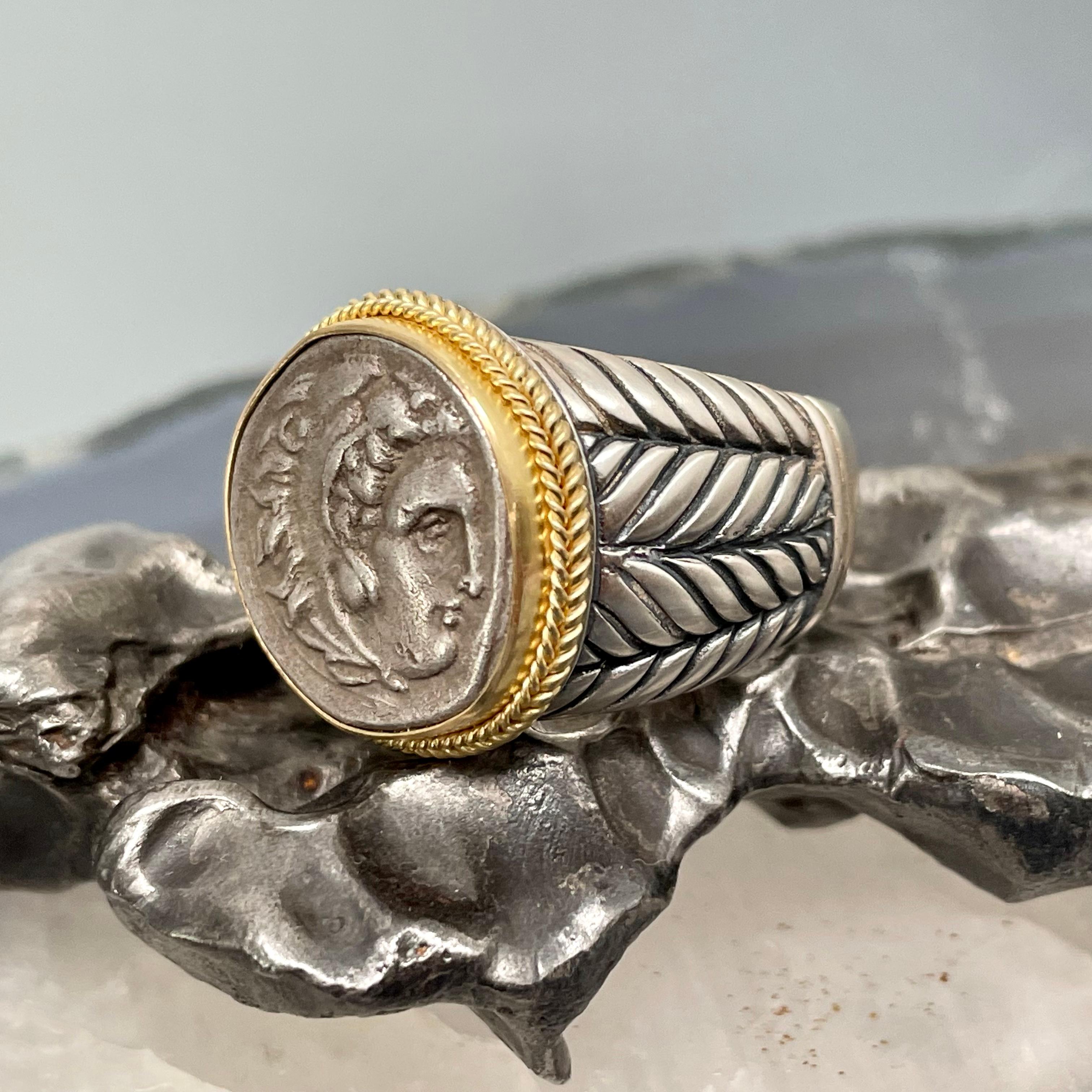 Ancient Greek 4th Century BC Alexander the Great Silver/18K Gold Mens Ring 2