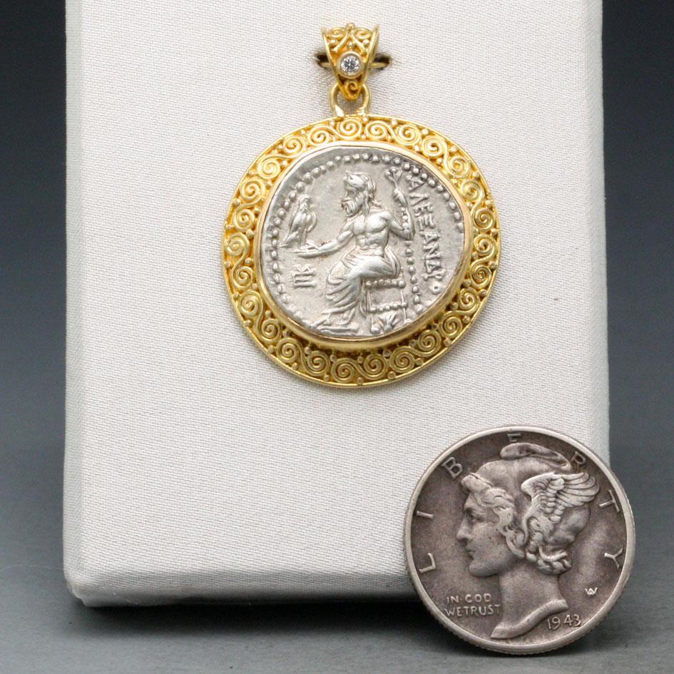 Rose Cut Ancient Greek 4th Century Bc Alexander the Great Zeus Coin 18k Gold Pendant For Sale