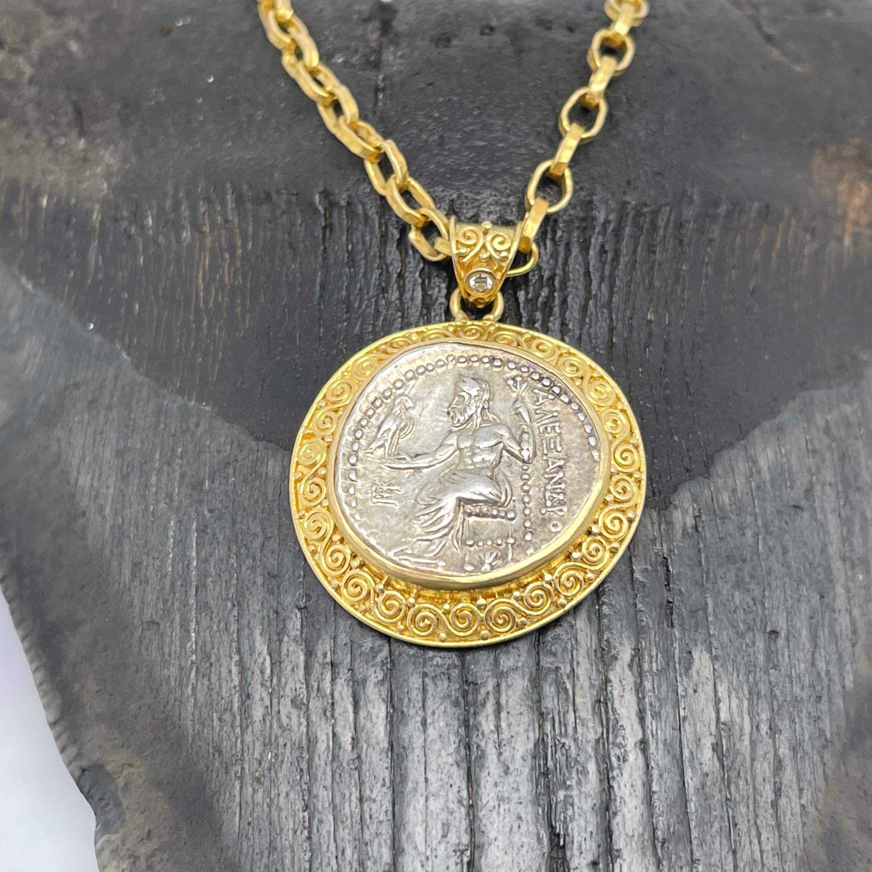 Pendentif en or 18k avec pièce de monnaie Zeus de l'Antiquité grecque du 4e siècle avant J.-C. Alexander the Great en vente 3