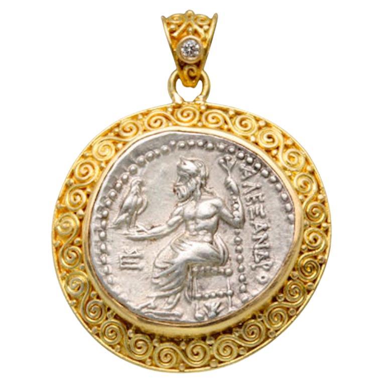 Pendentif en or 18k avec pièce de monnaie Zeus de l'Antiquité grecque du 4e siècle avant J.-C. Alexander the Great