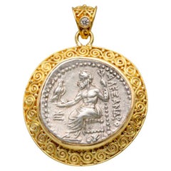 Pendentif en or 18k avec pièce de monnaie Zeus de l'Antiquité grecque du 4e siècle avant J.-C. Alexander the Great