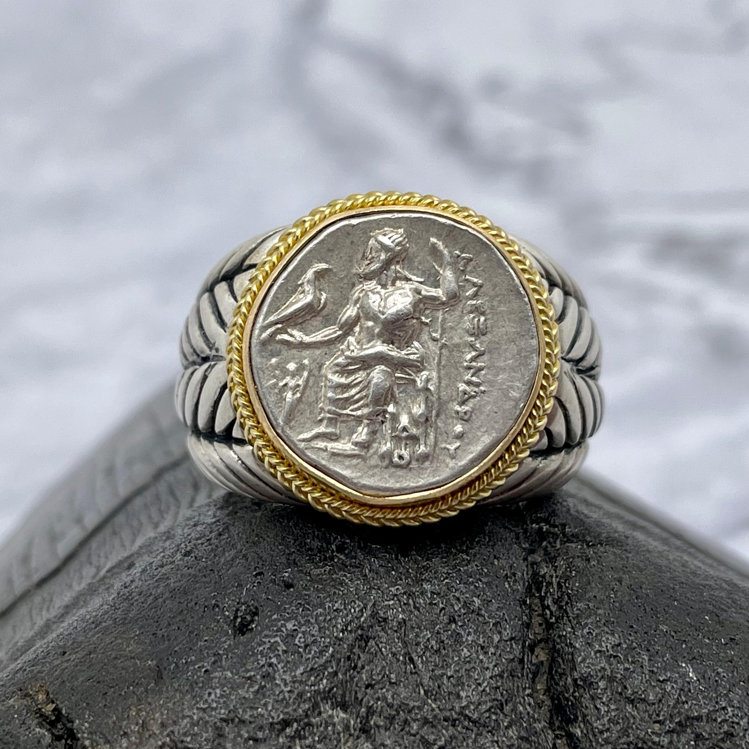 Ancient Greek 4th Century BC Alexander the Great Zeus Coin Gold Silver Mens Ring 2