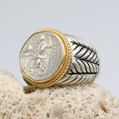 Ancient Greek 4th Century BC Alexander the Great Zeus Coin Gold Silver Mens Ring