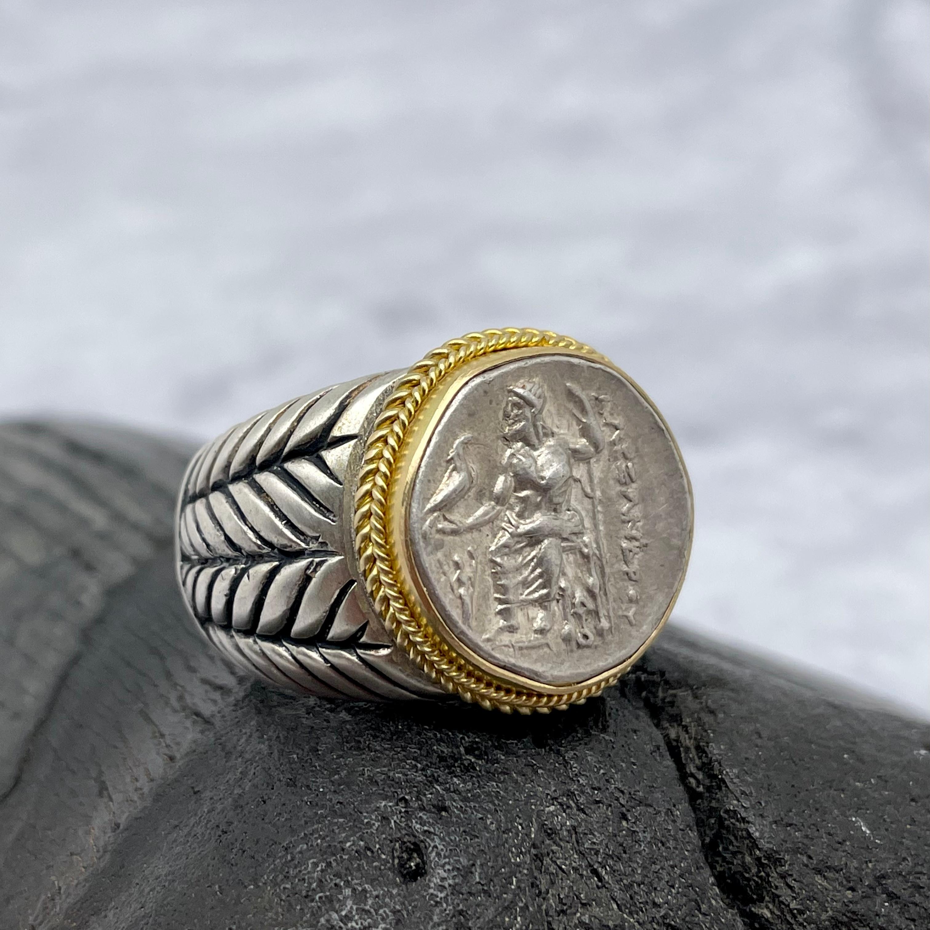 Classical Greek Ancient Greek 4th Century BC Alexander the Great Zeus Coin Gold Silver Mens Ring