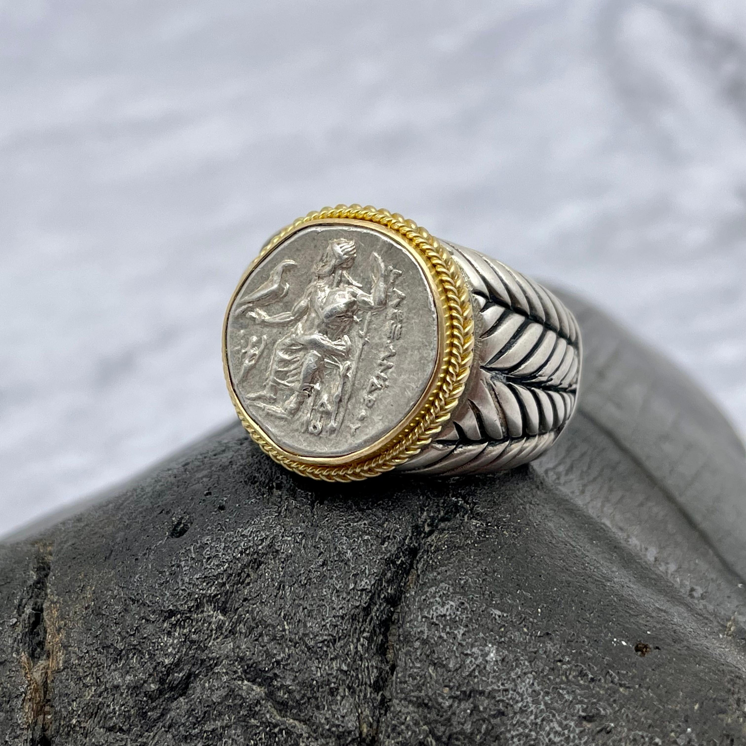 Ancient Greek 4th Century BC Alexander the Great Zeus Coin Gold Silver Mens Ring 1