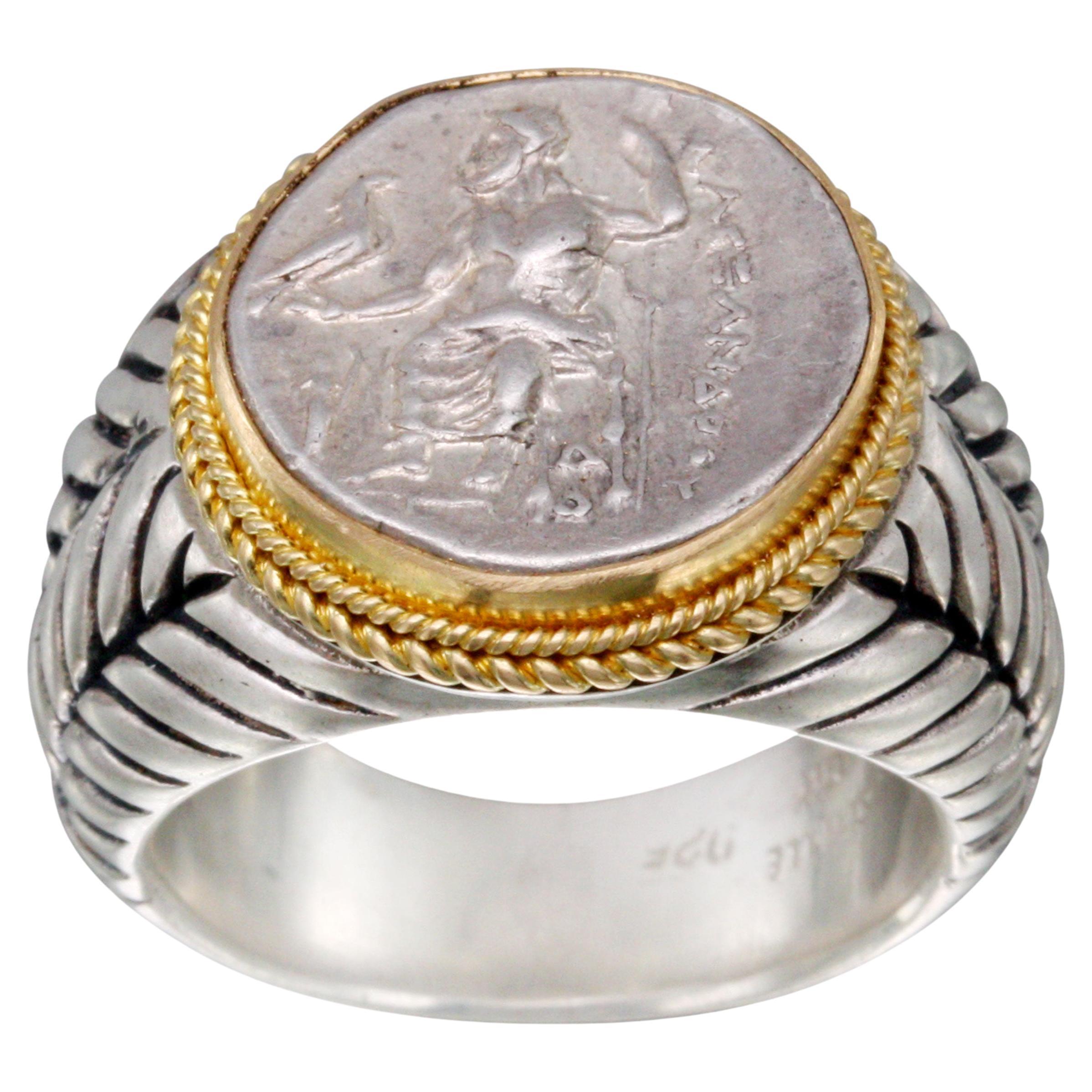 Ancient Greek 4th Century BC Alexander the Great Zeus Coin Gold Silver Mens Ring
