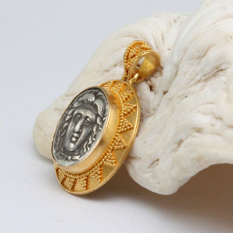 Ancient Greek 4th Century BC Apollo Coin 22K Gold Pendant For Sale 5