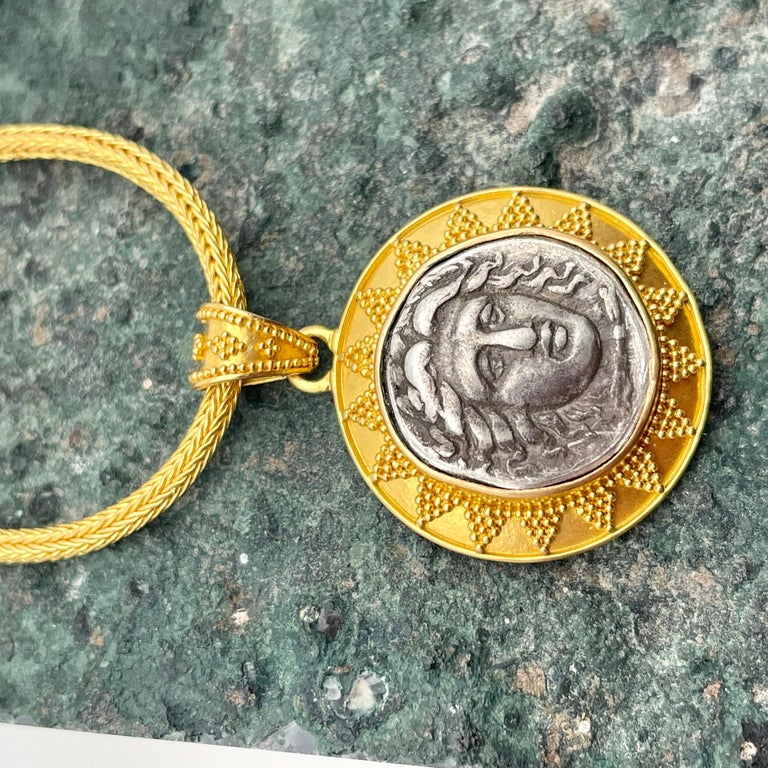 Classical Greek Ancient Greek 4th Century BC Apollo Coin 22K Gold Pendant For Sale