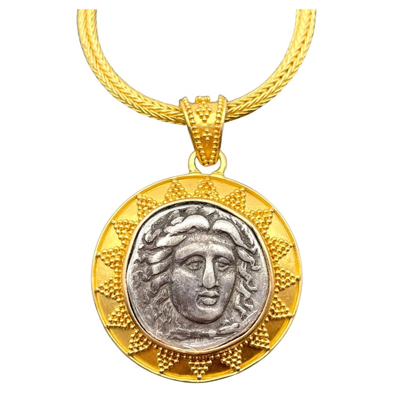 Ancient Greek 4th Century BC Apollo Coin 22K Gold Pendant For Sale