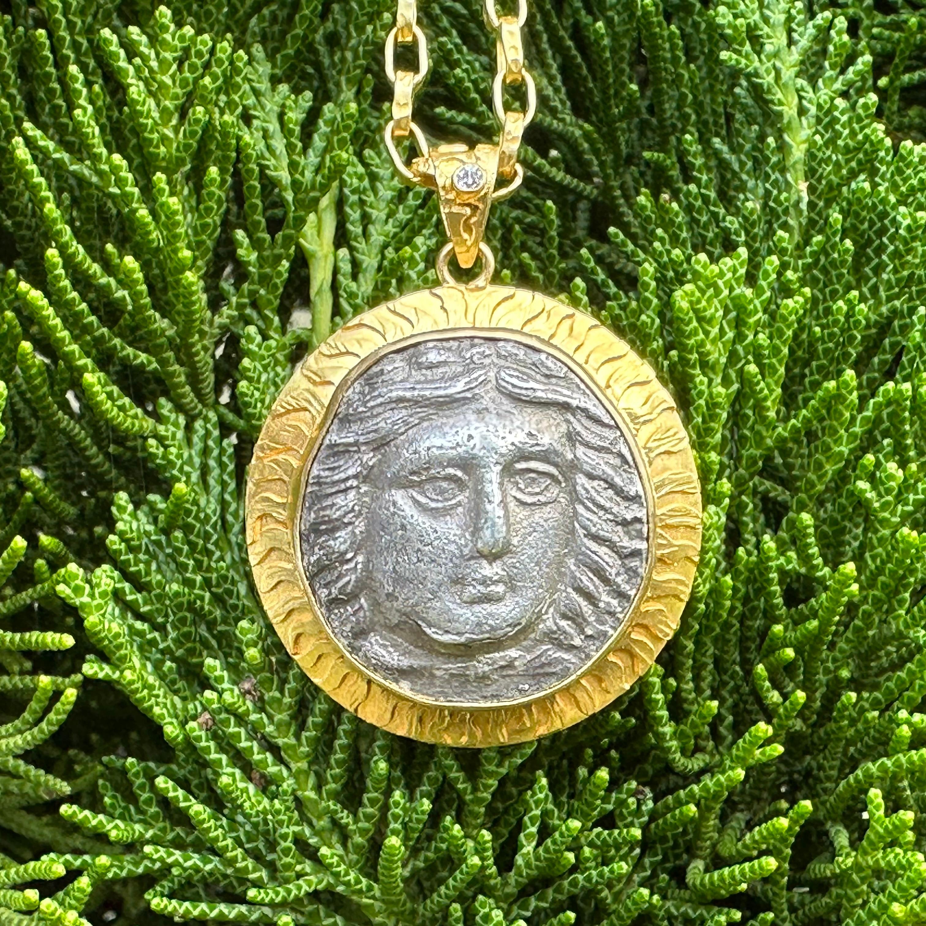 Ancient Greek 4th Century BC Apollo Tetradrachm Coin Diamond 18K Gold Pendant  For Sale 4
