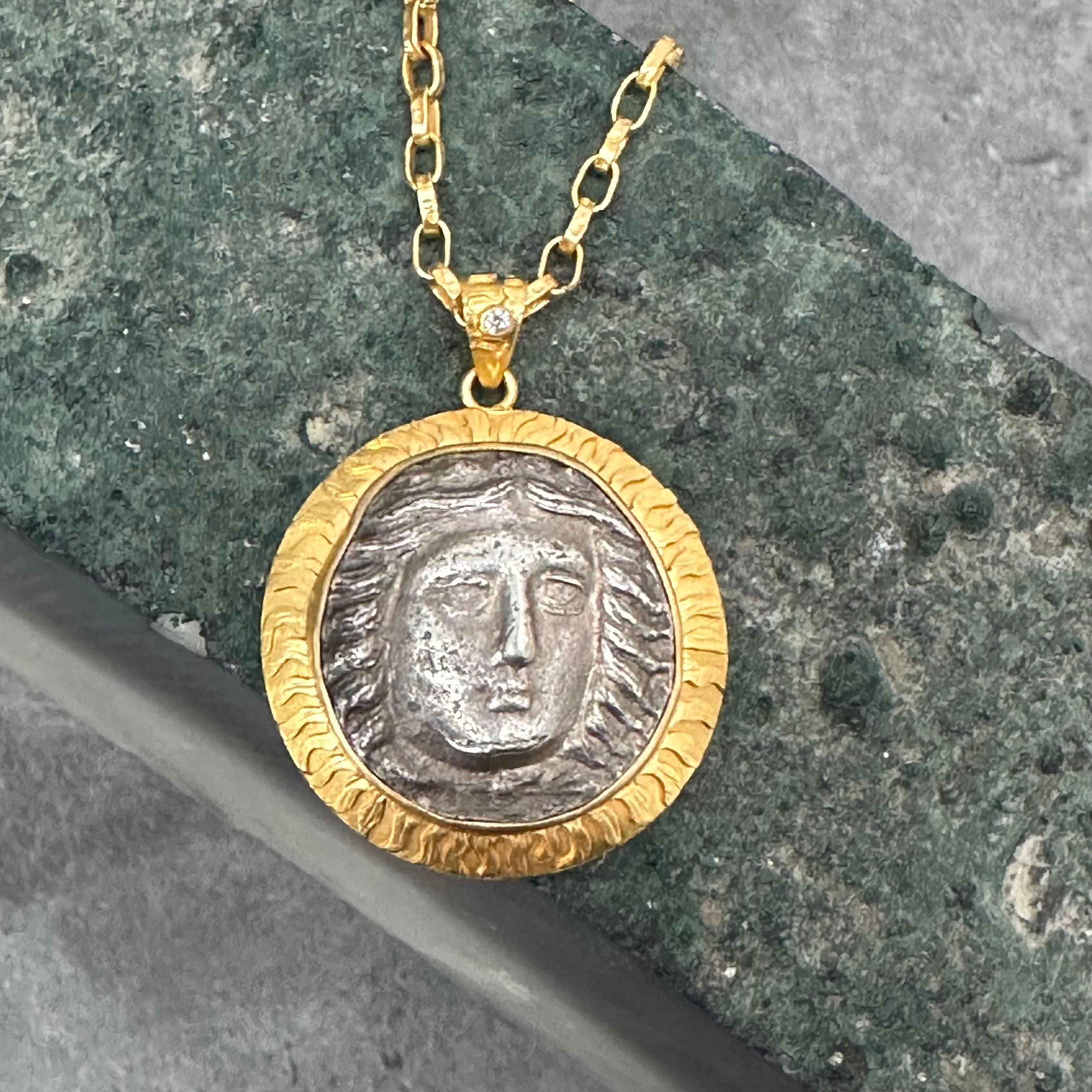 Ancient Greek 4th Century BC Apollo Tetradrachm Coin Diamond 18K Gold Pendant  For Sale 5
