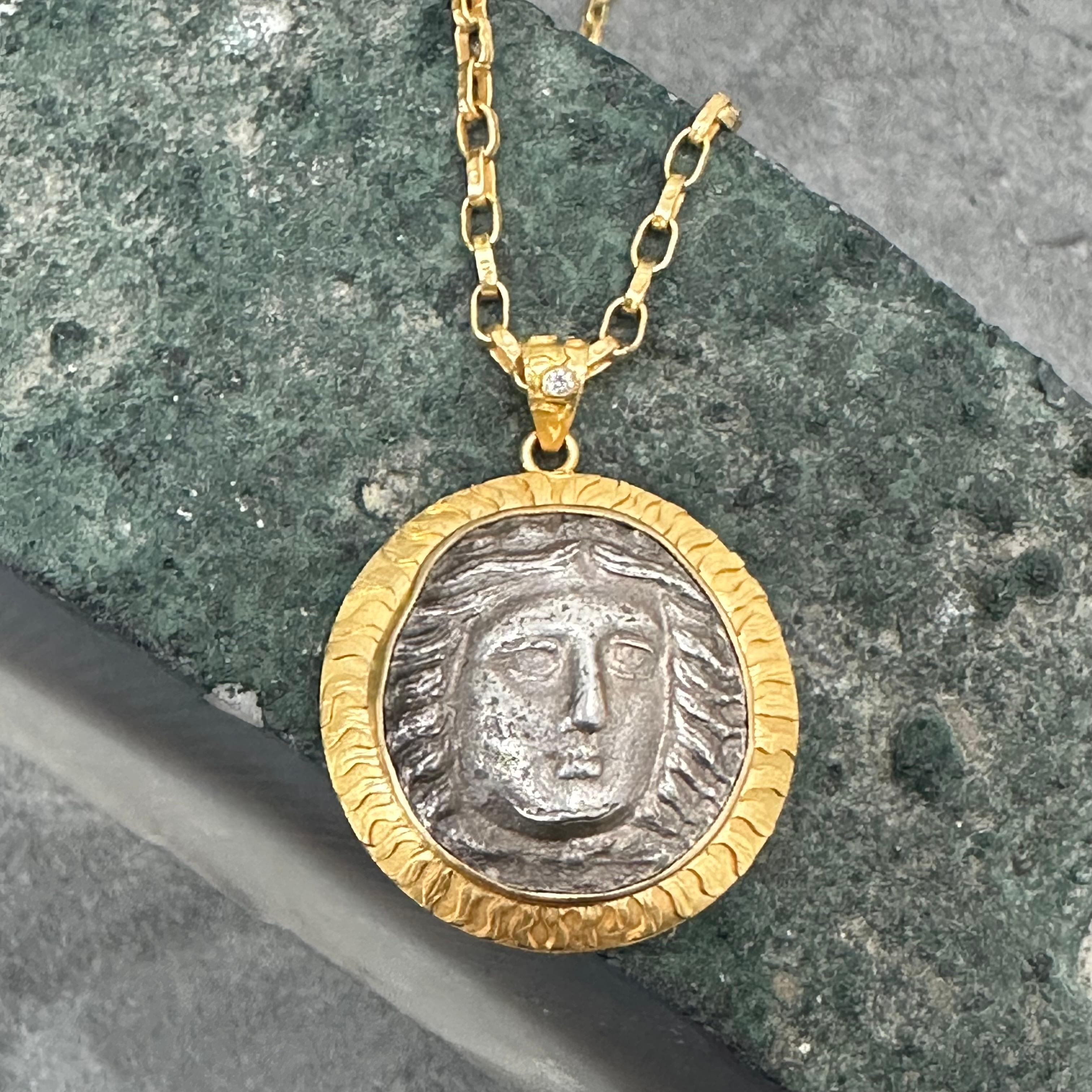 Ancient Greek 4th Century BC Apollo Tetradrachm Coin Diamond 18K Gold Pendant  For Sale 7