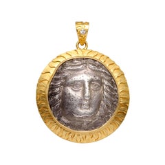 Ancient Greek 4th Century BC Apollo Tetradrachm Coin Diamond 18K Gold Pendant
