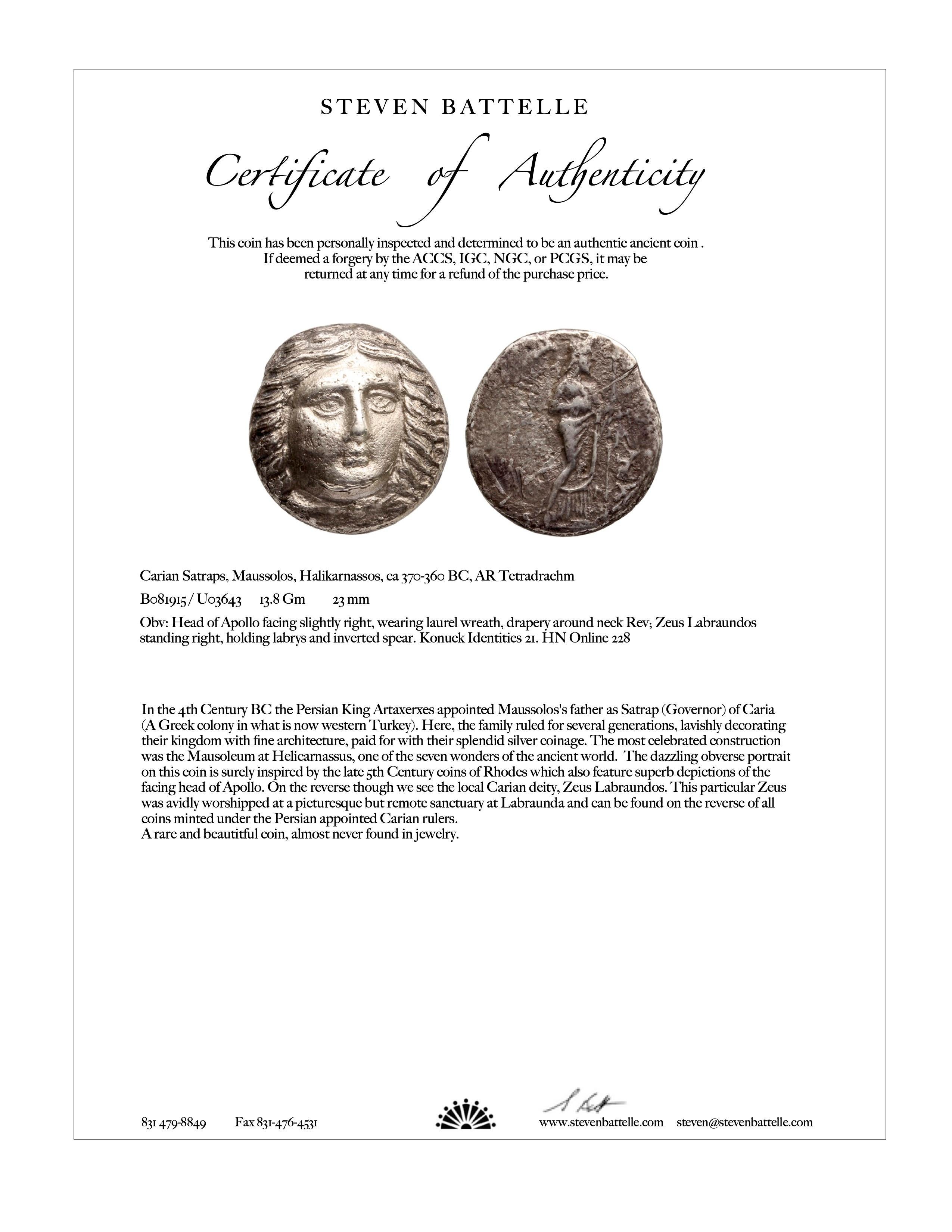 Classical Greek Ancient Greek 4th Century BC Apollo Tetradrachm Coin Diamond 18K Gold Pendant  For Sale