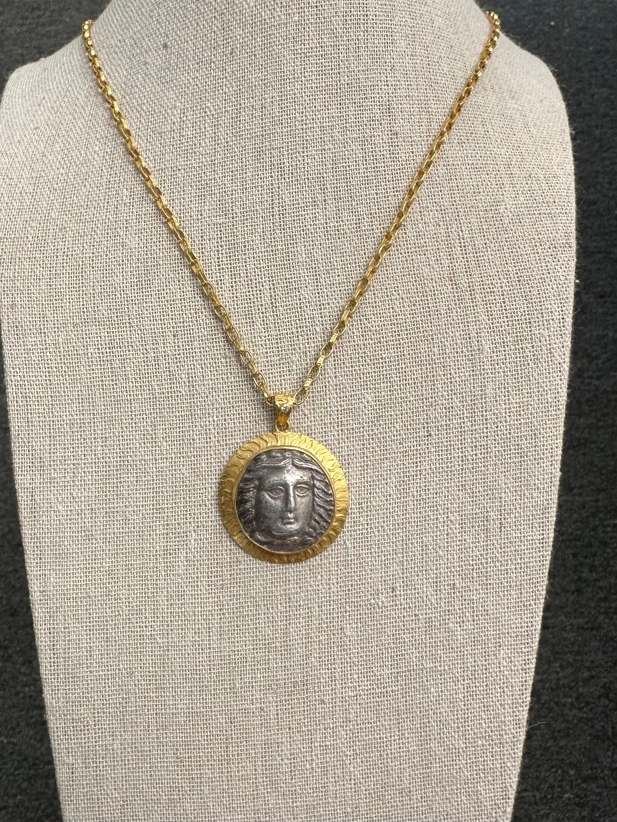 Rose Cut Ancient Greek 4th Century BC Apollo Tetradrachm Coin Diamond 18K Gold Pendant  For Sale