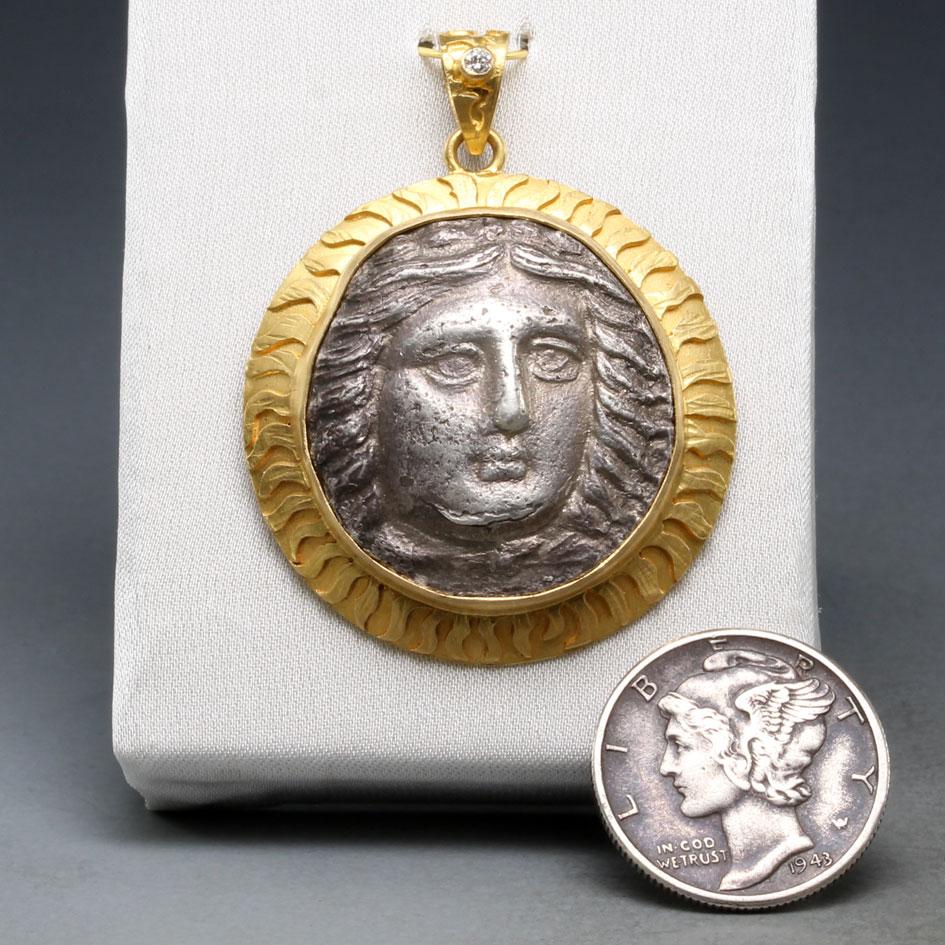 Ancient Greek 4th Century BC Apollo Tetradrachm Coin Diamond 18K Gold Pendant  In New Condition For Sale In Soquel, CA