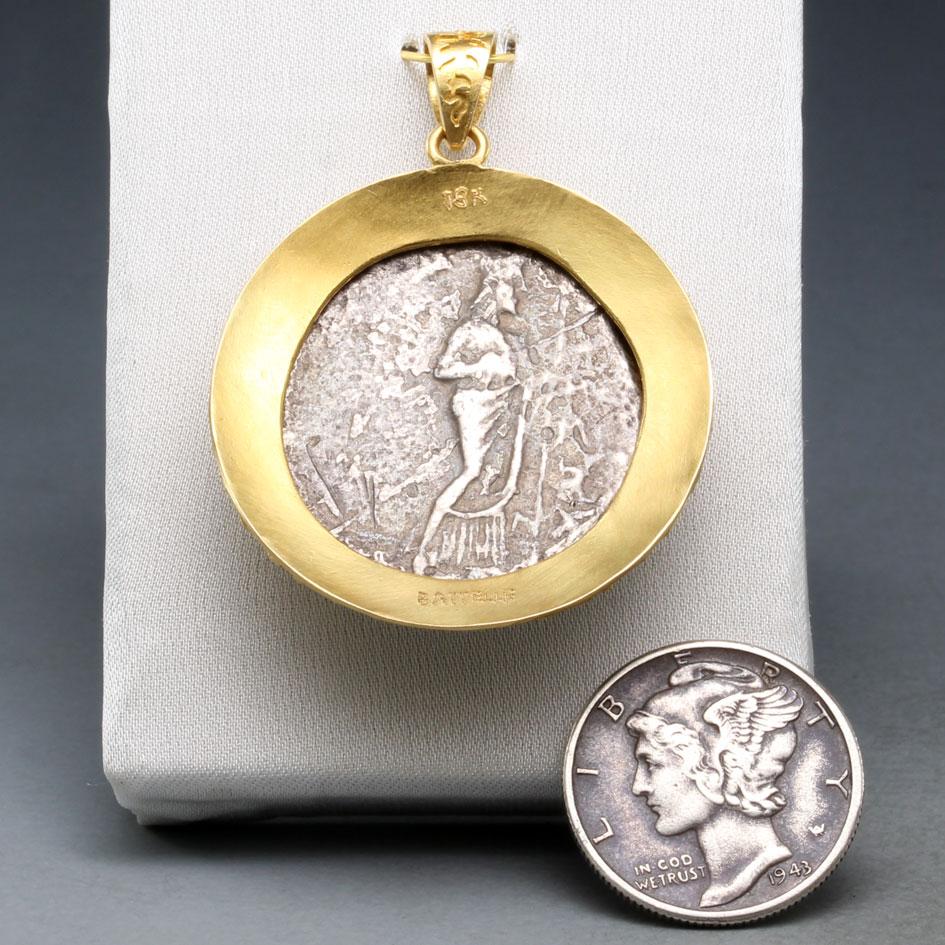 Women's or Men's Ancient Greek 4th Century BC Apollo Tetradrachm Coin Diamond 18K Gold Pendant  For Sale