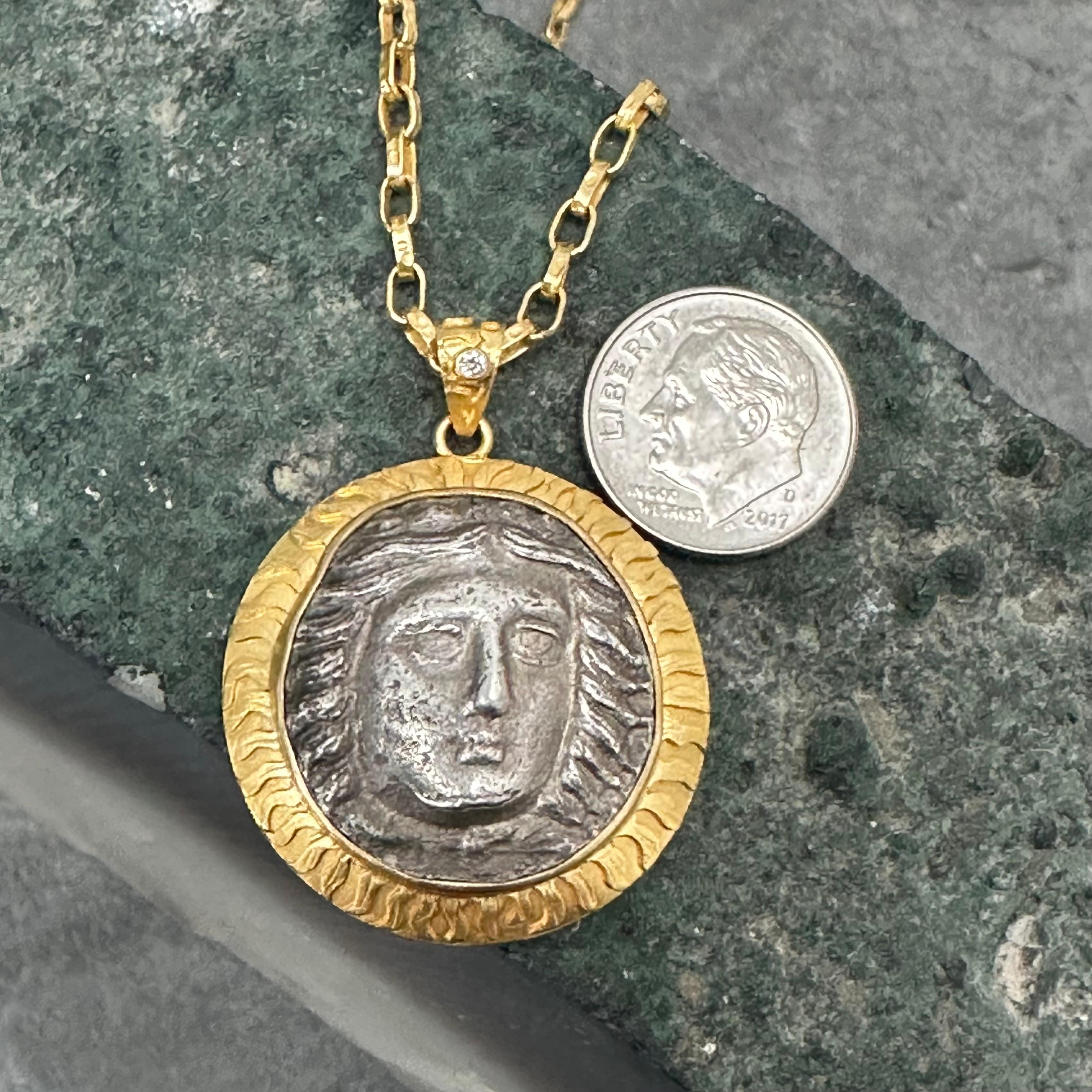 Ancient Greek 4th Century BC Apollo Tetradrachm Coin Diamond 18K Gold Pendant  For Sale 3