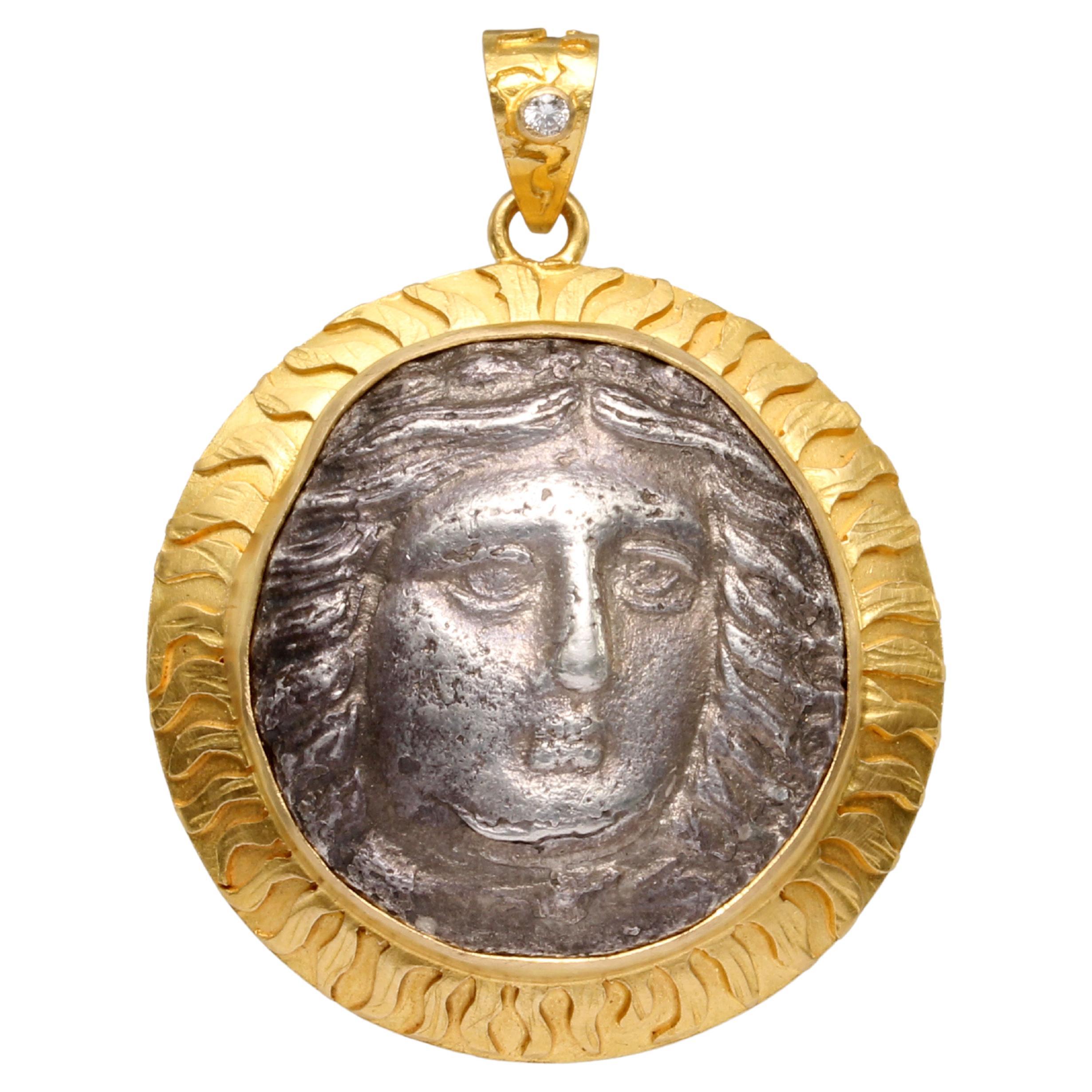 Ancient Greek 4th Century BC Apollo Tetradrachm Coin Diamond 18K Gold Pendant