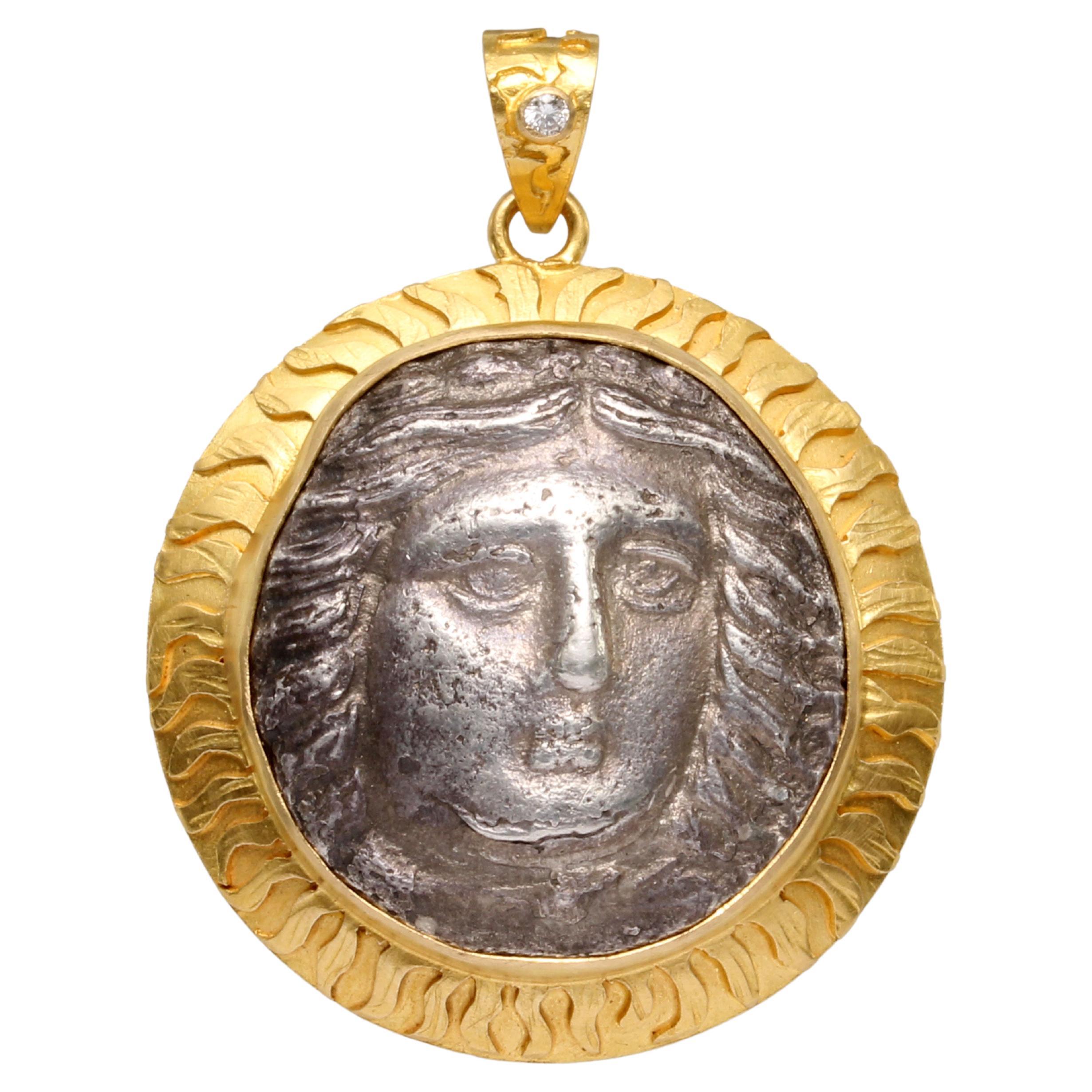 Ancient Greek 4th Century BC Apollo Tetradrachm Coin Diamond 18K Gold Pendant  For Sale