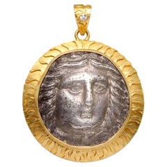 Ancient Greek 4th Century BC Apollo Tetradrachm Coin Diamond 18K Gold Pendant 