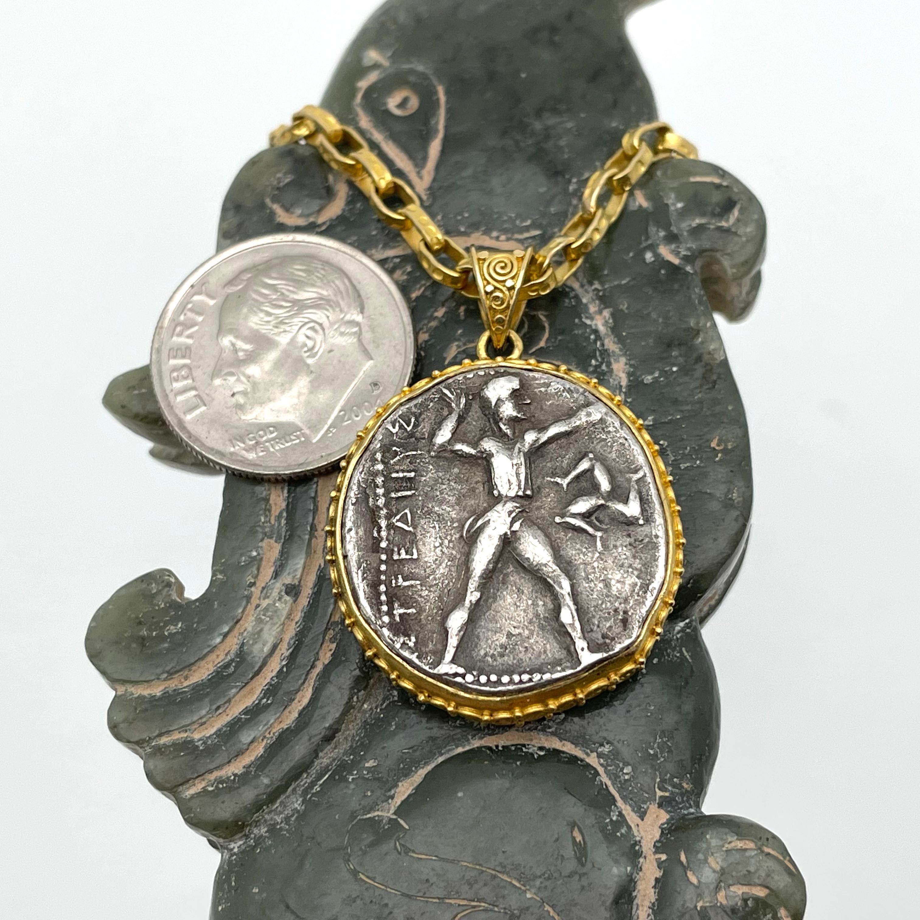Classical Greek Ancient Greek 4th Century BC Aspendus Warrior Coin 18K Gold Pendant For Sale