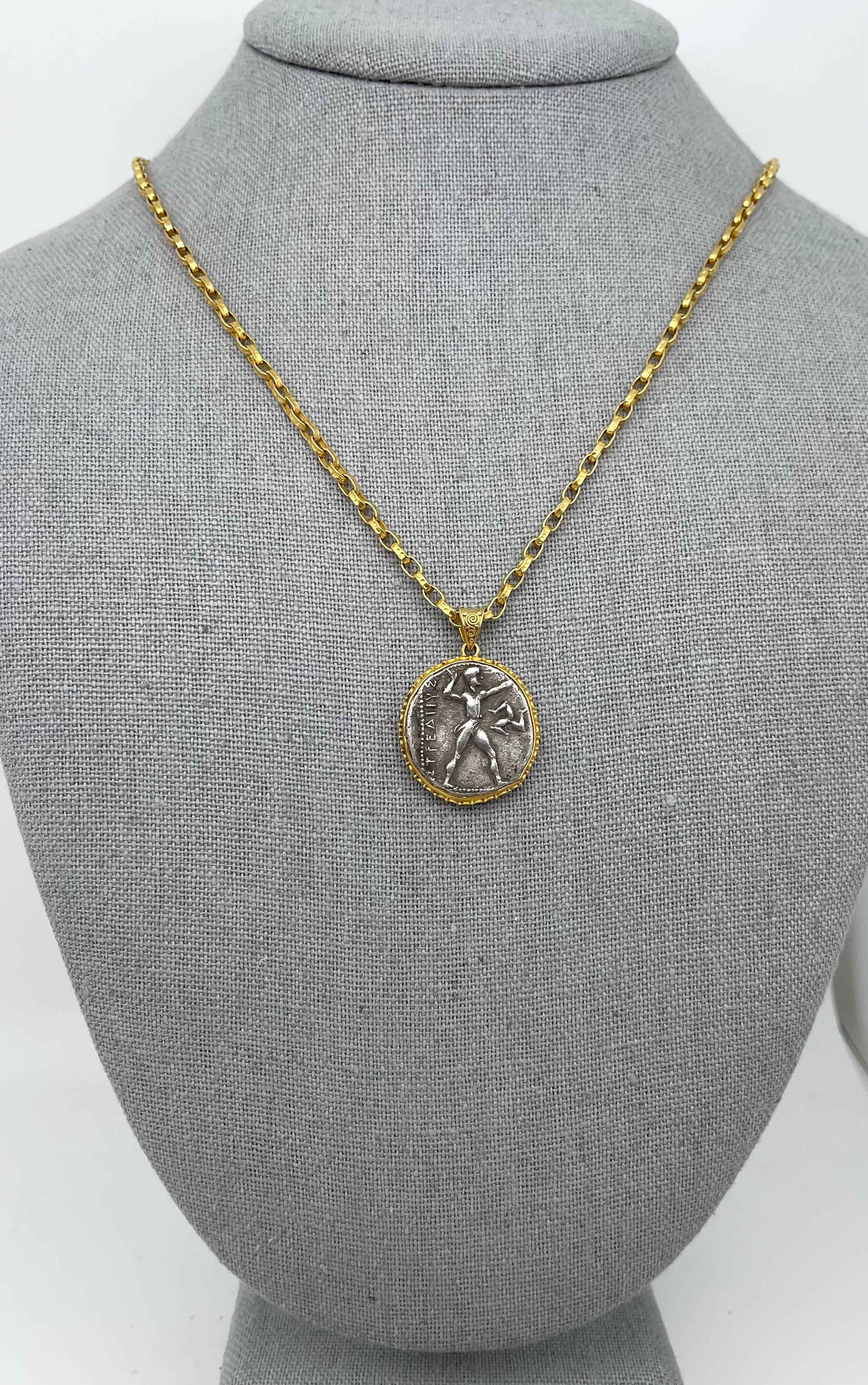 Ancient Greek 4th Century BC Aspendus Warrior Coin 18K Gold Pendant In New Condition For Sale In Soquel, CA