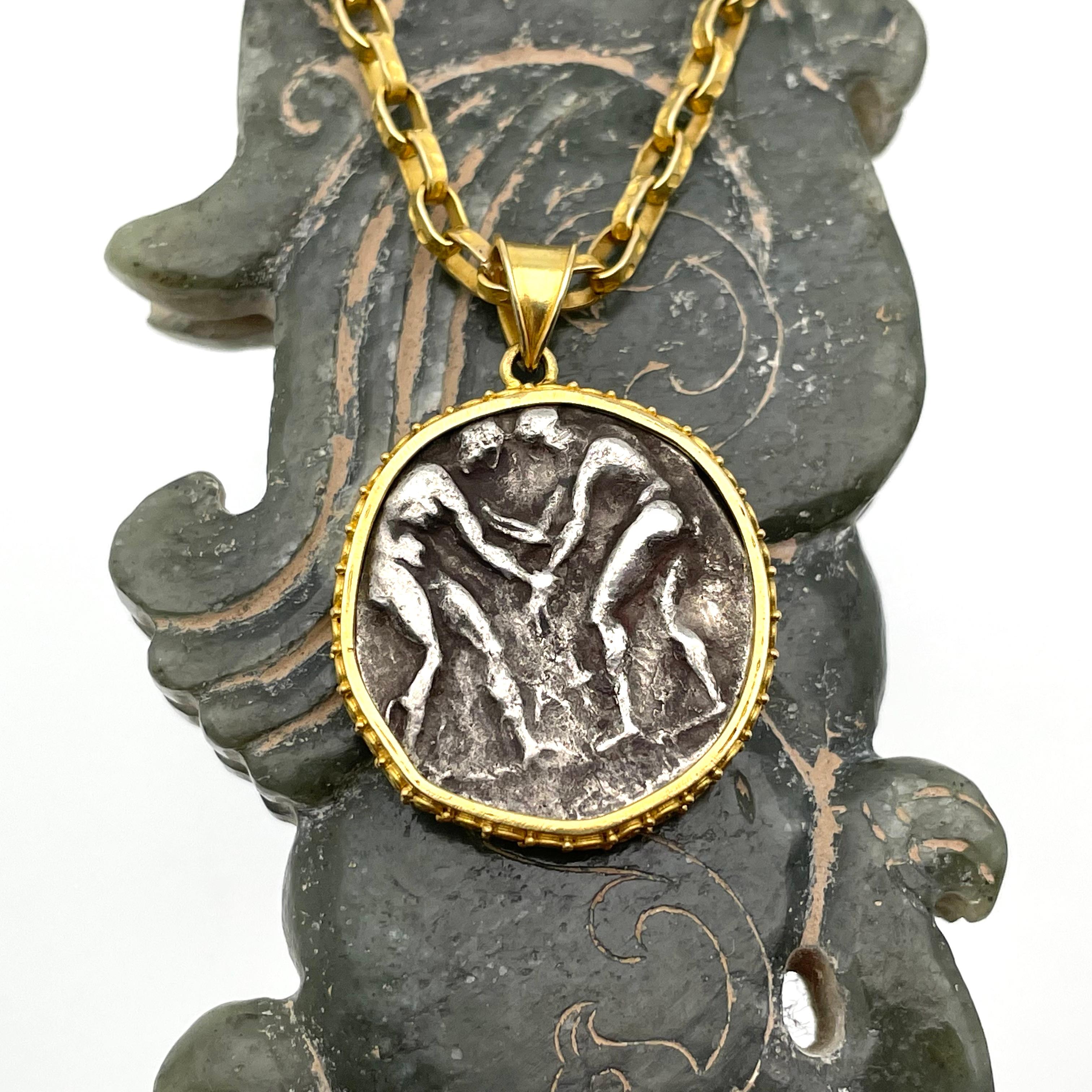 Women's or Men's Ancient Greek 4th Century BC Aspendus Warrior Coin 18K Gold Pendant For Sale