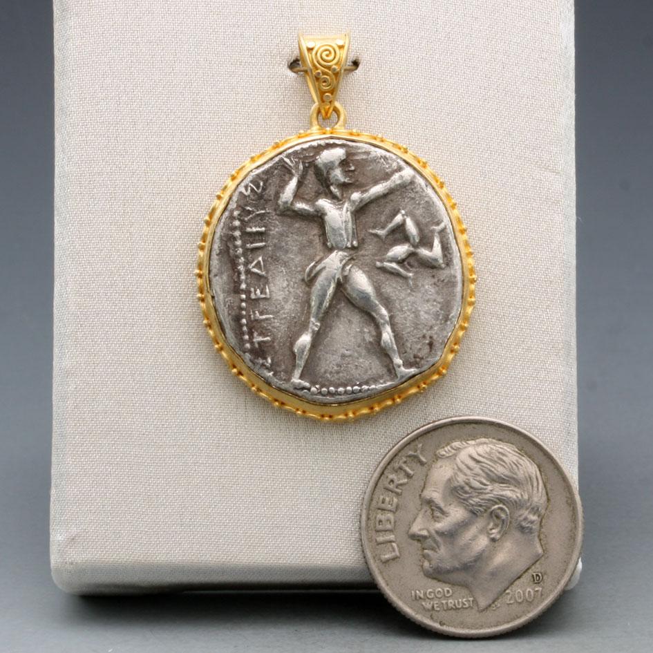 Ancient Greek 4th Century BC Aspendus Warrior Coin 18K Gold Pendant For Sale 2
