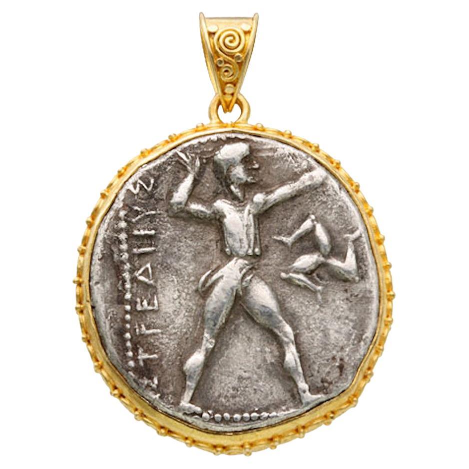 Ancient Greek 4th Century BC Aspendus Warrior Coin 18K Gold Pendant For Sale