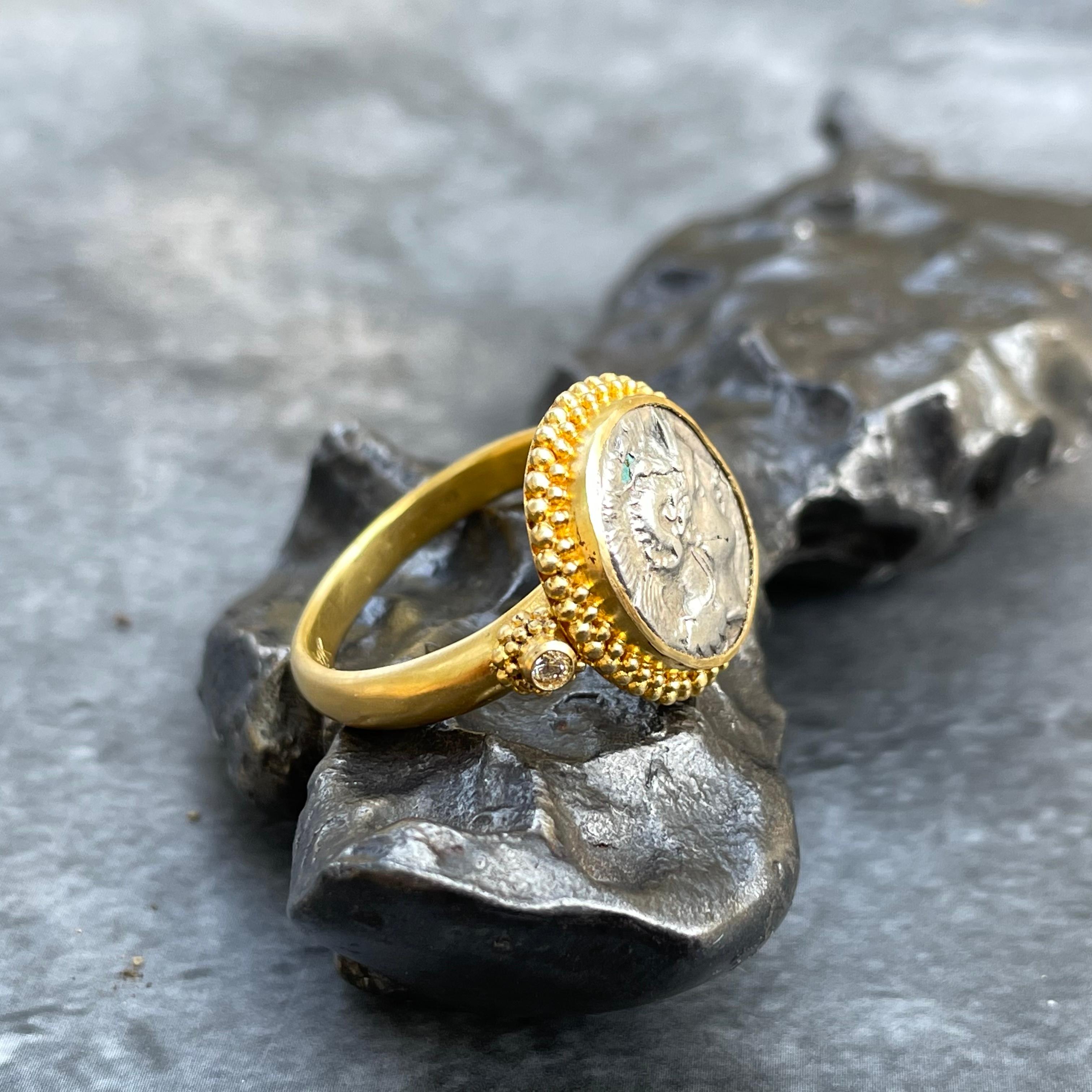 Classical Greek Ancient Greek 4th Century BC Athena Coin Diamonds 22K Gold Ring For Sale