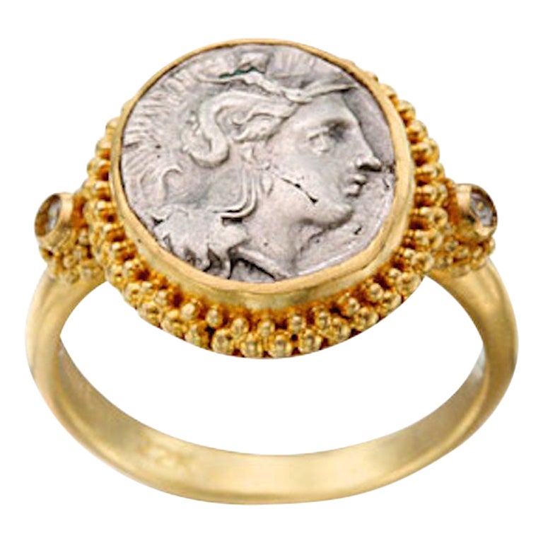 Antiker griechischer Ring aus dem 4. Jahrhundert v. Chr. mit Athener Münze und Diamanten, 22 Karat Gold
