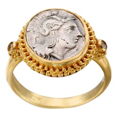 Antigua Grecia Siglo IV a.C. Atenea Moneda Diamantes Anillo de Oro de 22K