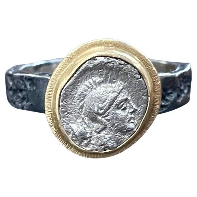 Ancient Greek 4th Century BC Athena Coin Oxidized Silver/18K Gold Ring