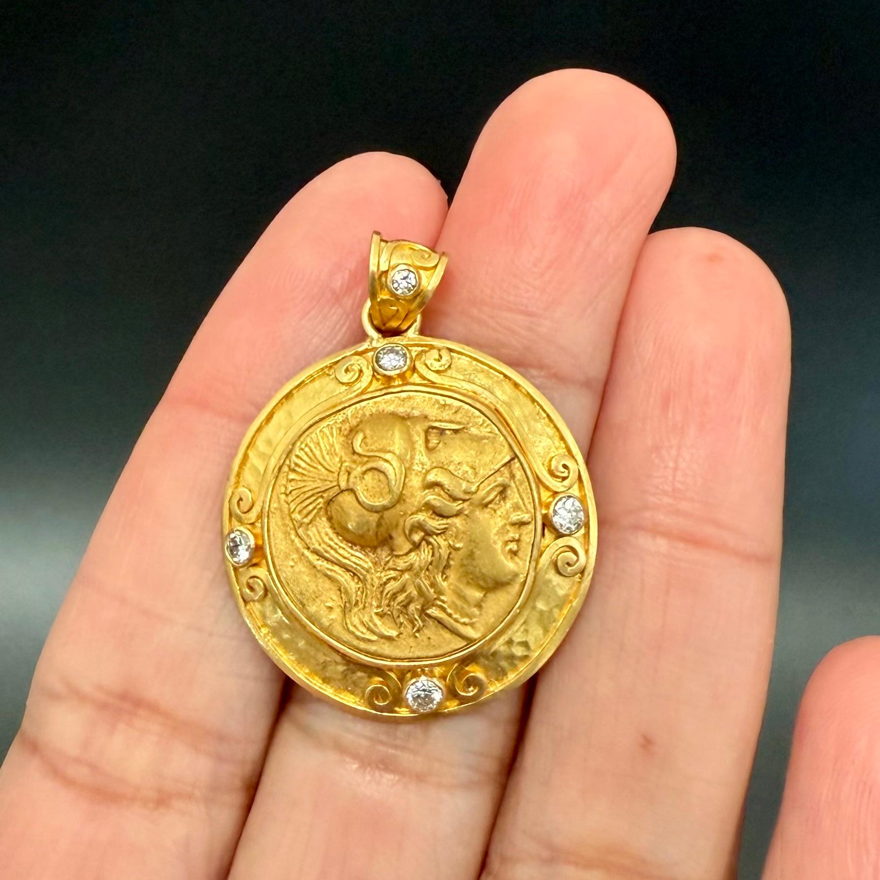 Ancient Greek 4th Century BC Athena Gold Stater and Diamonds Pendant 22k Gold For Sale 1