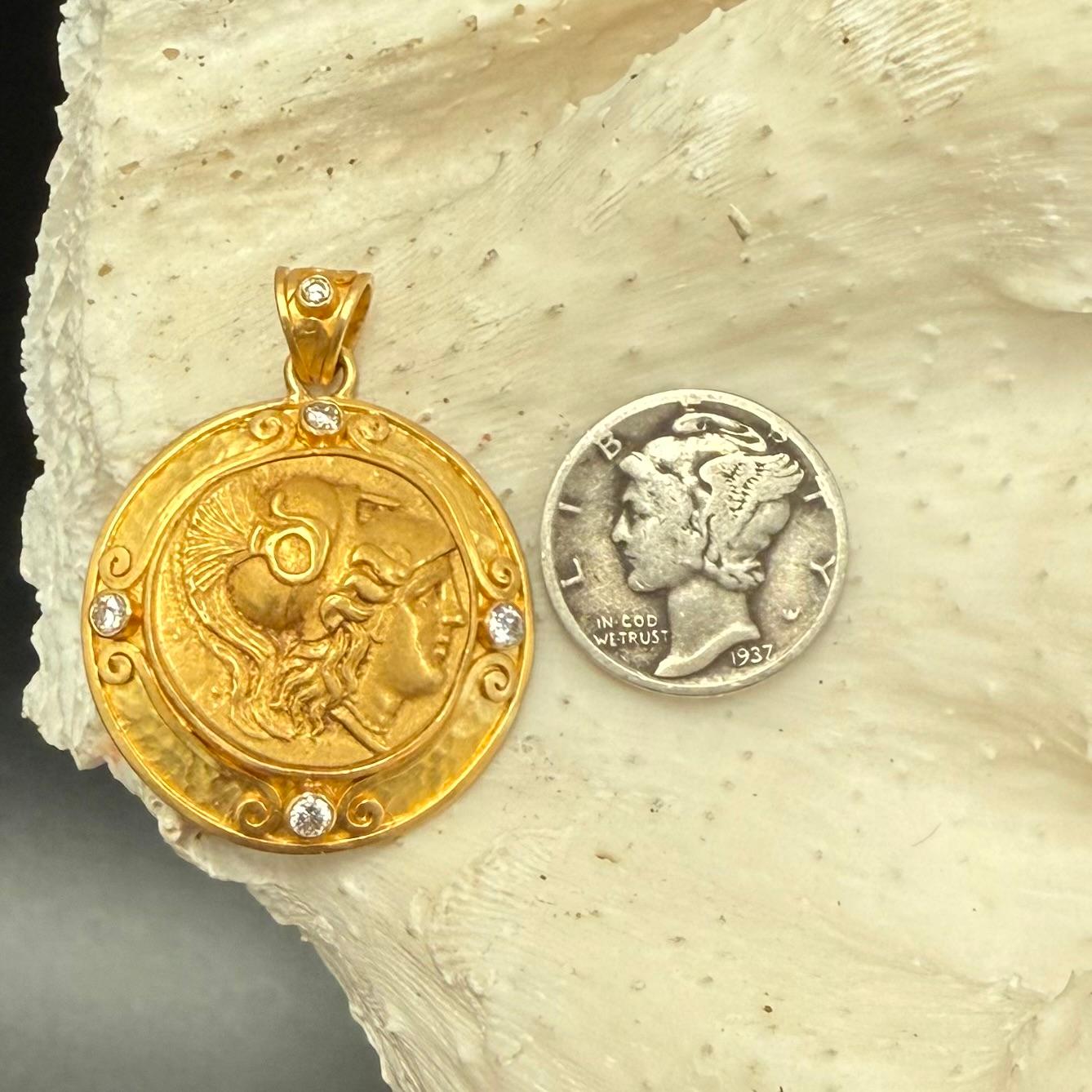 Ancient Greek 4th Century BC Athena Gold Stater and Diamonds Pendant 22k Gold For Sale 2