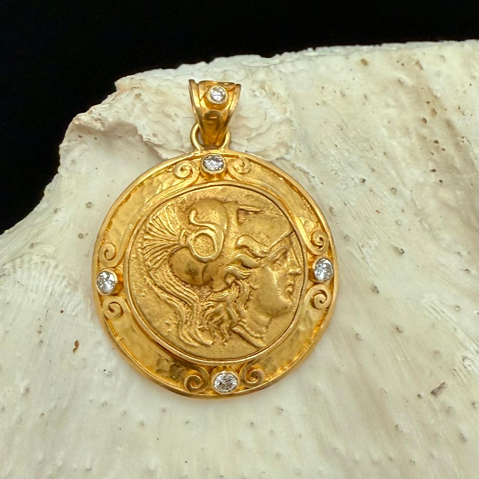 Ancient Greek 4th Century BC Athena Gold Stater and Diamonds Pendant 22k Gold For Sale 3