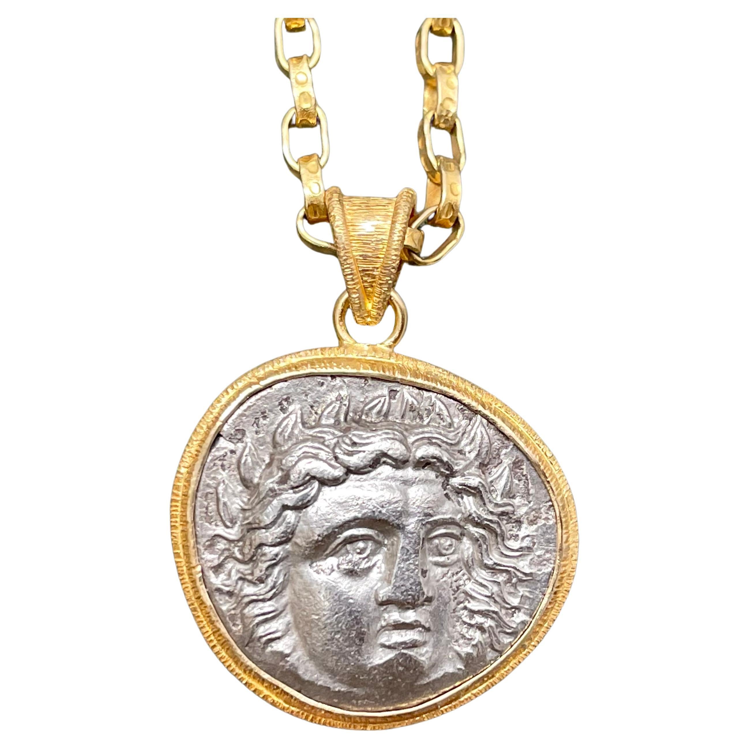 Ancient Greek 4th Century BC Authentic Apollo Coin 18K Gold Pendant