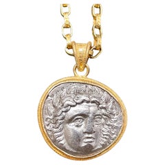 Ancient Greek 4th Century BC Authentic Apollo Coin 18K Gold Pendant