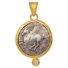 Ancient Greek 4th Century BC Corinth Pegasus Coin Diamond 18k Gold Pendant