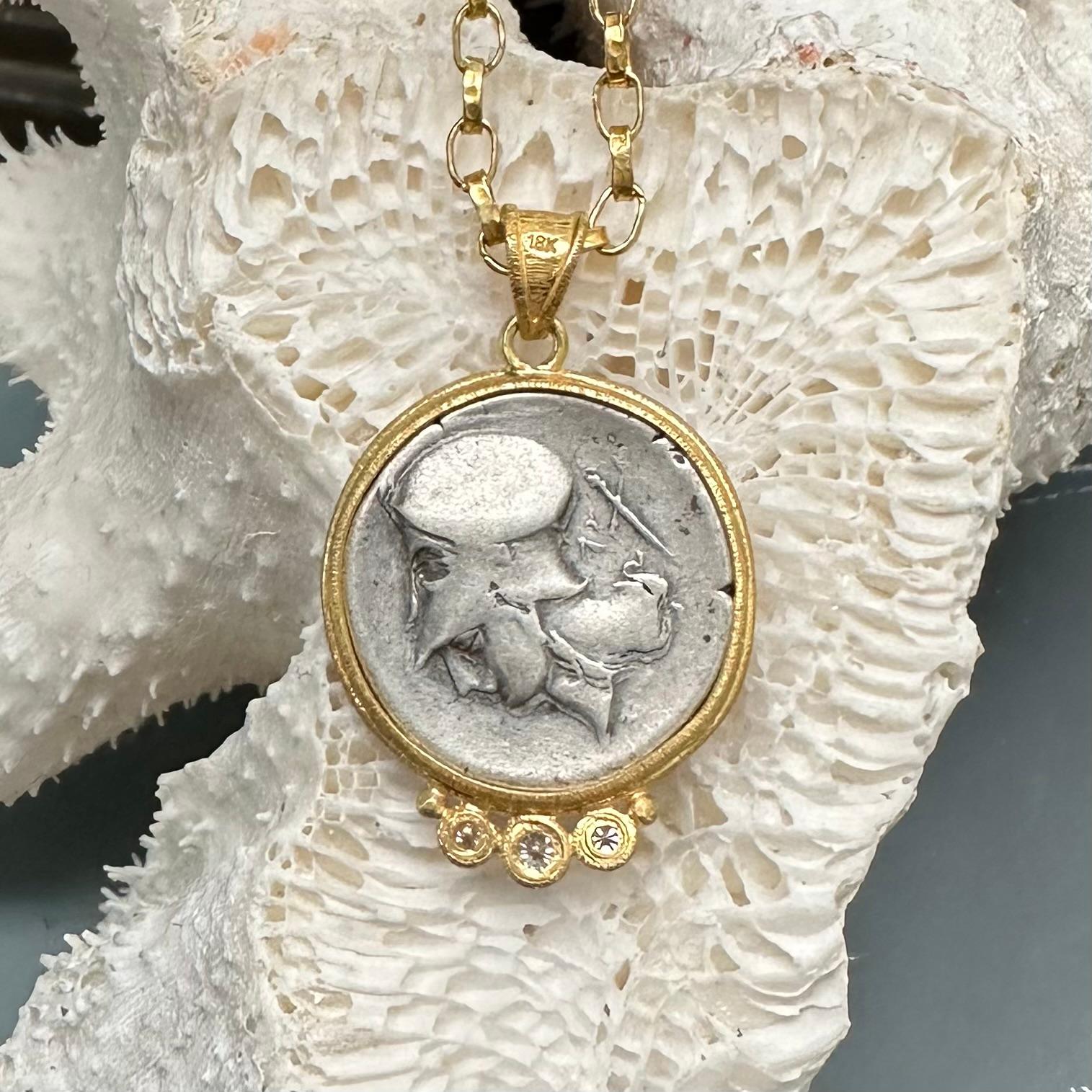Ancient Greek 4th Century Bc Corinth Pegasus Coin Diamonds 18k Gold Pendant For Sale 4