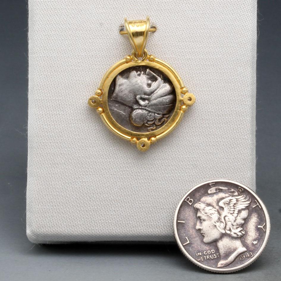 Ancient Greek 4th Century BC Corinth Pegasus Coin Diamonds 18K Gold Pendant 2