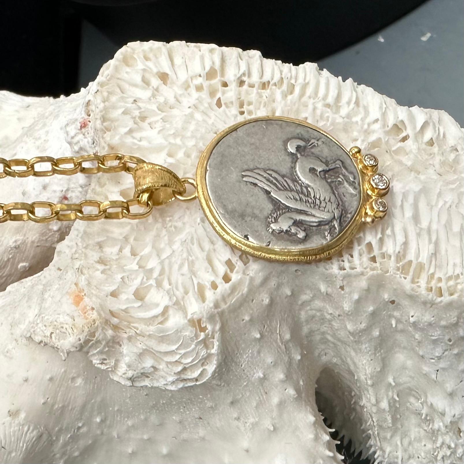Ancient Greek 4th Century Bc Corinth Pegasus Coin Diamonds 18k Gold Pendant For Sale 5