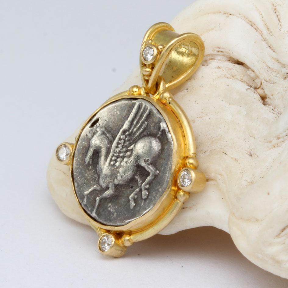 Ancient Greek 4th Century BC Corinth Pegasus Coin Diamonds 18K Gold Pendant 3