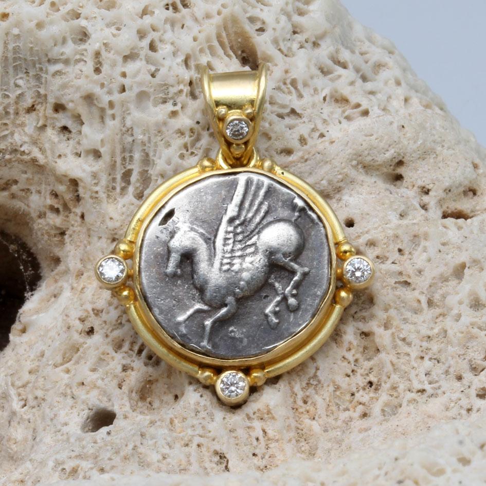 Ancient Greek 4th Century BC Corinth Pegasus Coin Diamonds 18K Gold Pendant 4