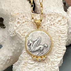 Ancient Greek 4th Century Bc Corinth Pegasus Coin Diamonds 18k Gold Pendant