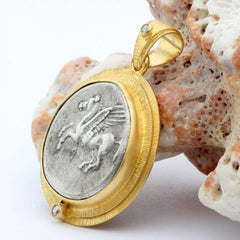 Ancient Greek 4th Century BC Corinth Pegasus Coin Diamonds 18K Gold Pendant