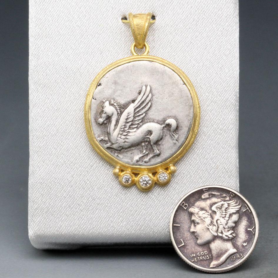 Classical Greek Ancient Greek 4th Century Bc Corinth Pegasus Coin Diamonds 18k Gold Pendant For Sale