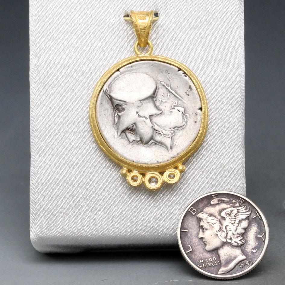Rose Cut Ancient Greek 4th Century Bc Corinth Pegasus Coin Diamonds 18k Gold Pendant For Sale