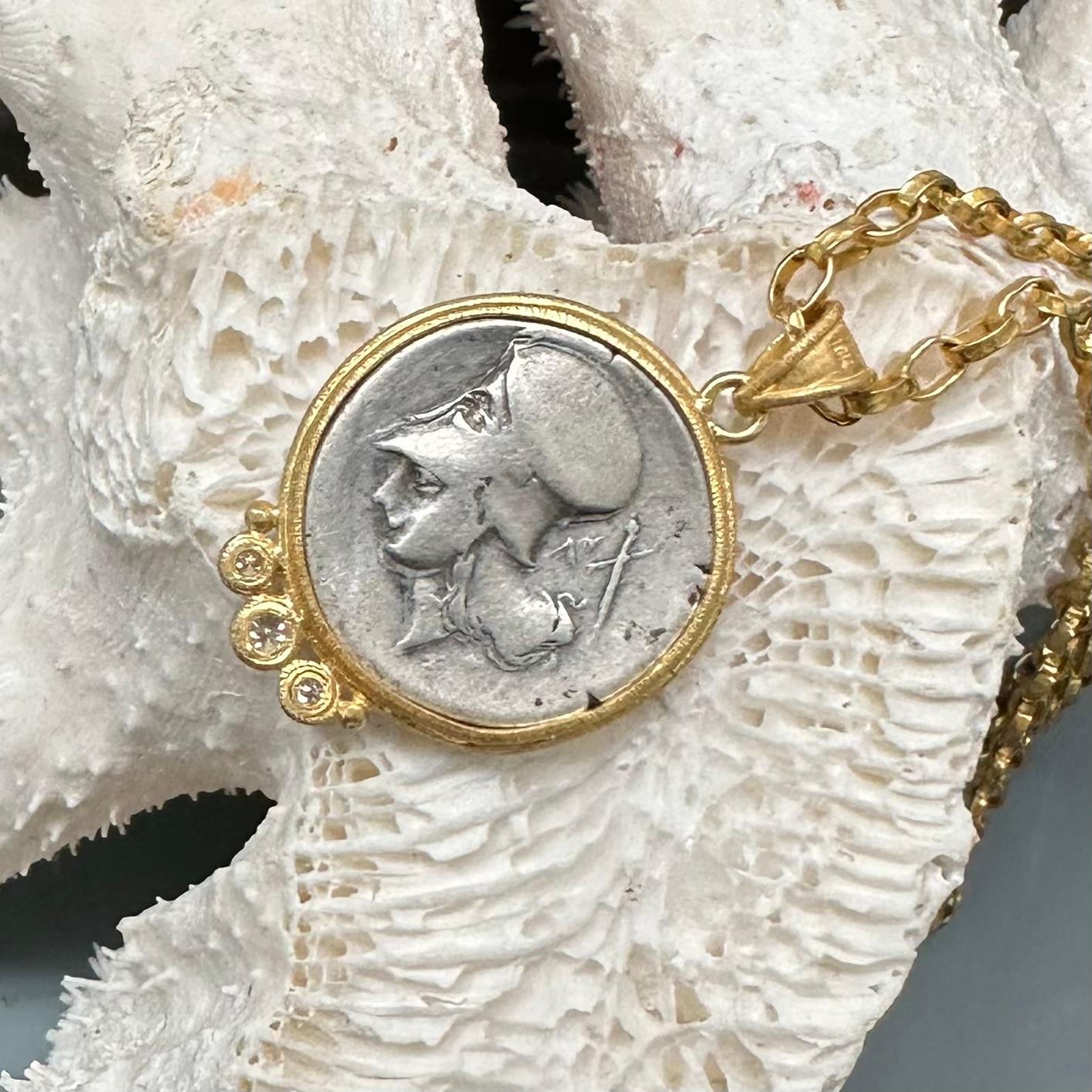 Women's or Men's Ancient Greek 4th Century Bc Corinth Pegasus Coin Diamonds 18k Gold Pendant For Sale